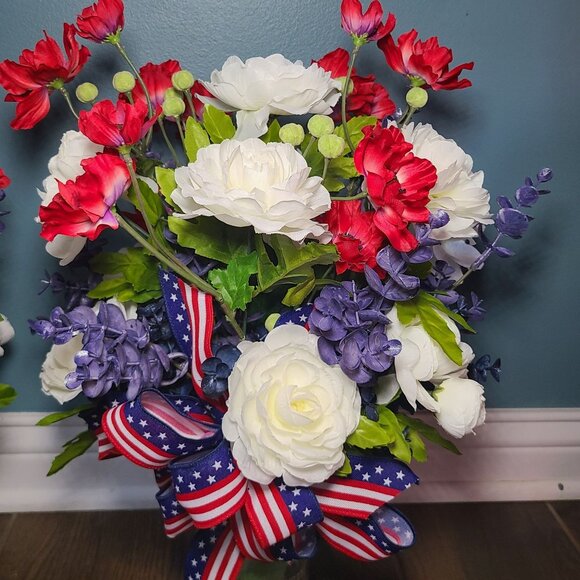 Patriotic Cemetery Vase Floral Arrangement - Red, White, & Blue Memorial Flowers - Picture 3 of 3